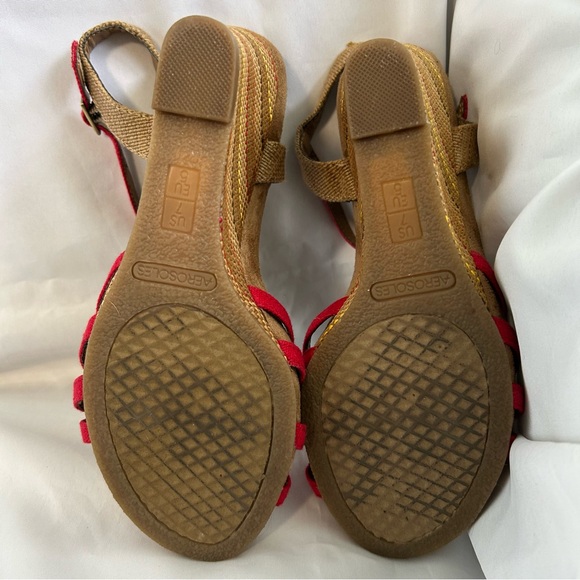 AEROSOLES Red and Tan Wedge Sandals with Ankle Strap - Picture 5 of 6